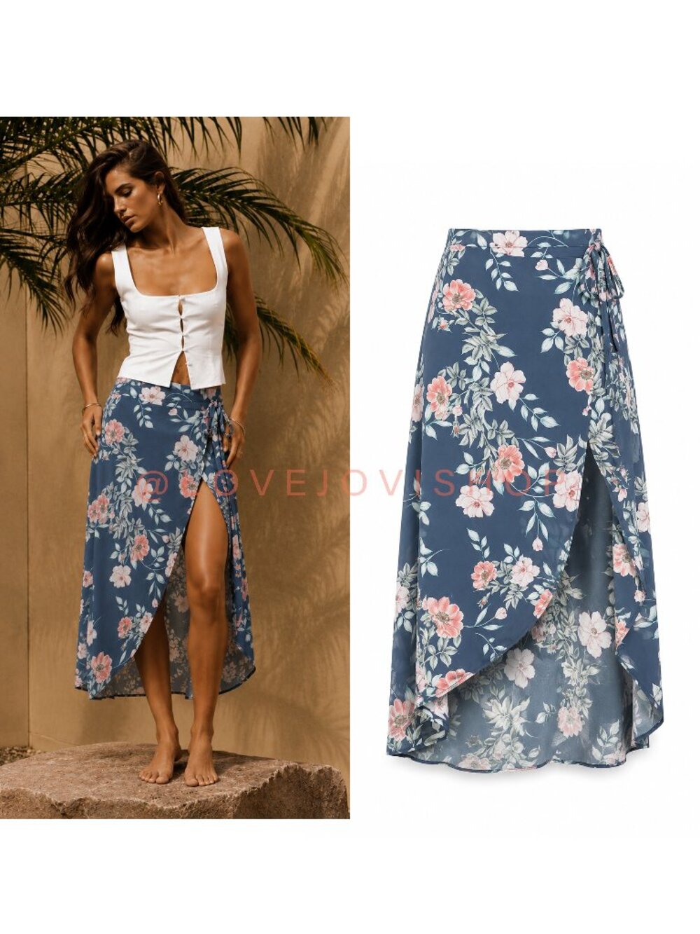 Skirt | Leith Hawaiin Floral Wrap Midi Skort | Short w Wrap Overlay | Teal Coral